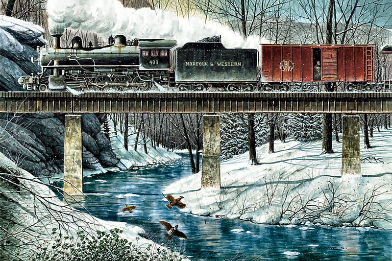 Train Crossing River F1, railroad, art, locomotive, bonito, illustration, artwork, winter, train, snow, bridge, engine, painting, wide screen, river, tracks, HD wallpaper