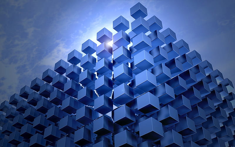 blue 3d cubes, blue sky, 3d architecture, sun, modern facade, modern buildings, facade design, HD wallpaper