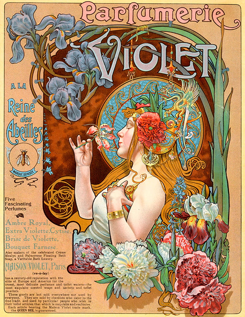 Violet, art, art nouveau, fine art, louis-theophile hingre, perfume, poster, poster art, woman, women, HD phone wallpaper