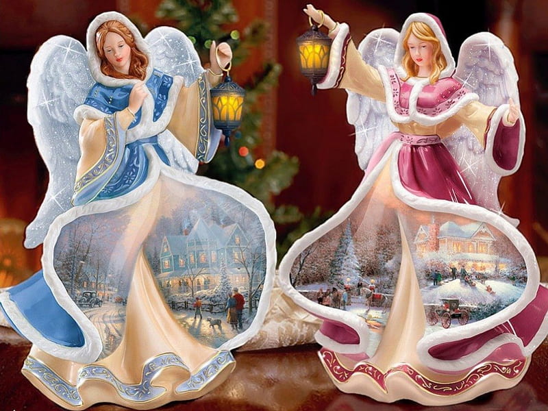 Christmas Angels, dolls, art, city, dress, lantern, painting, angels, HD wallpaper
