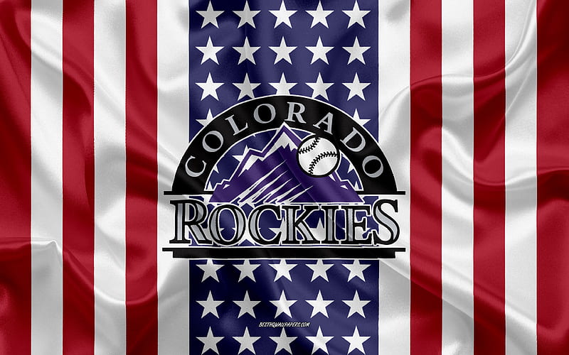 Colorado Rockies logo, emblem, silk texture, American flag, American baseball club, MLB, Denver, Colorado, USA, Major League Baseball, baseball, silk flag, HD wallpaper