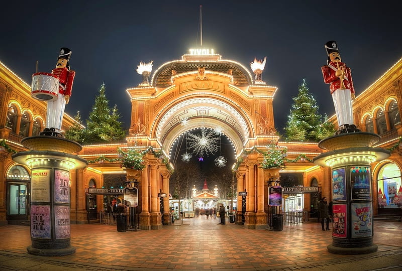 Tivoli Main Entrance, Copenhagen, Denmark at Christmas, arcade, trees, lights, night, figures, HD wallpaper