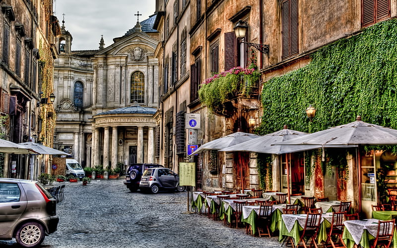 Good Morning,Rome, good morning, architecture, pretty, cafe, house, italia, cafes, flowers, beauty, chair, morning, italy, table, umbrellas, lovely, lanterns, houses, buildings, sky, windows, alley, colorful, bonito, old, city, green, chairs, streets, street, view, colors, rome, roma, terrace, carros, peaceful, nature, HD wallpaper