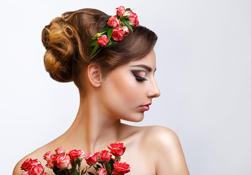 Beauty, red, bid, model, rose, woman, girl, profile, flower, face, HD wallpaper