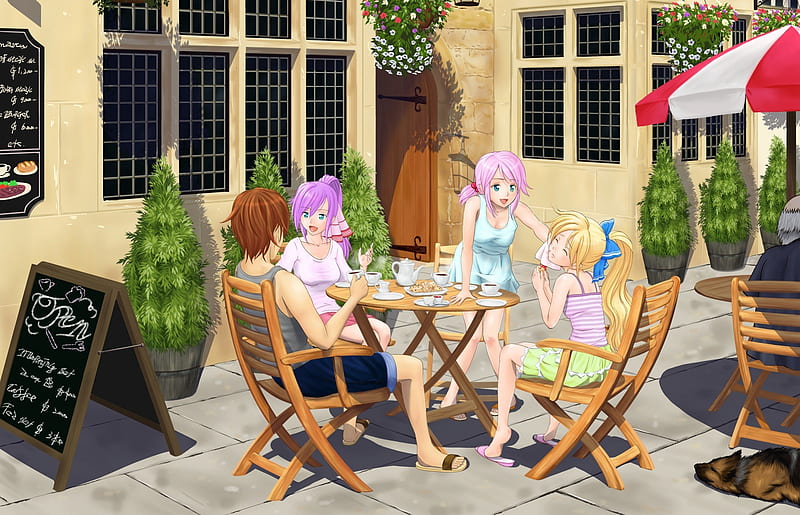 Eating Time, house, friend, hungry, home, video game, game, umbrella, group, anime, hot, final fantasy, anime girl, chair, long hair, team, table, delicious, female, male, food, sexy, rpg, happy, short hair, building, cute, boy, kawaii, girl, HD wallpaper