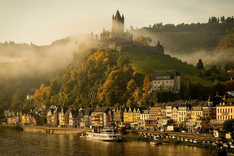 Morning Mist At Imperial Castle Cochem, Germany, hills, autumn, fall season, town, river, moselle, HD wallpaper