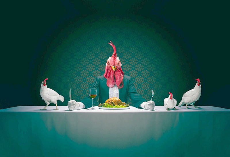 Rooster, table, chicken, cock, roast chicken, HD wallpaper