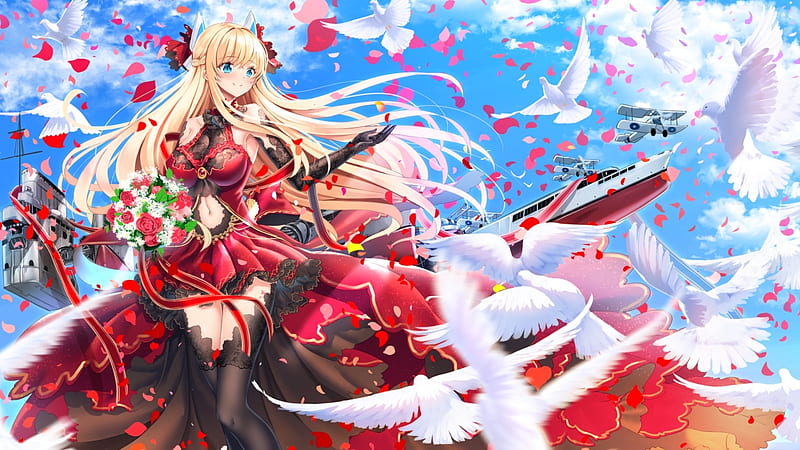 Vow of Glory, red, pretty, dress, blond divine, bonito, adorable, sweet, nice, doves, anime, feather, hot, beauty, anime girl, long hair, gorgeous, blue, female, cloud, lovely, gown, pigeons, sky, sexy, cute, kawaii, girl, bird, petals, HD wallpaper
