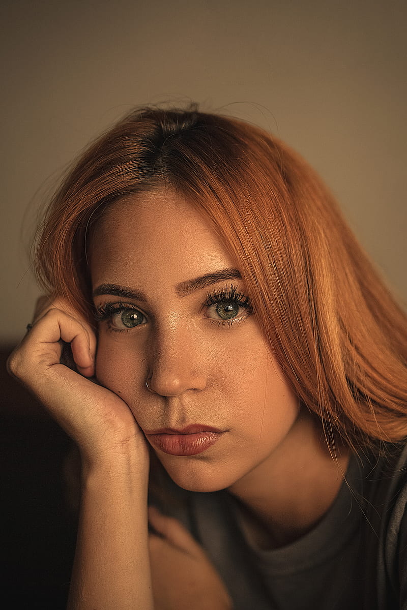 Milena Dias, redhead, lipstick, nose ring, eyes, dyed hair, face, women indoors, freckles, HD phone wallpaper
