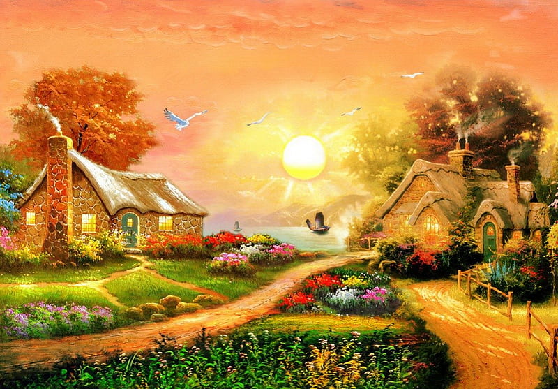 Sunny day in countryside, pretty, glow, sun, grass, cottage, orange, sunny, shine, bonito, nice, calm, path, village, flowers, light, art, lovely, houses, sunlight, golden, birds, sky, serenity, paradise, rays, peaceful, sunshine, nature, HD wallpaper