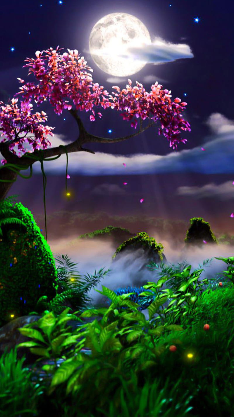 Nature, clouds, fantasy, moon, night, plants, tree, HD phone wallpaper |  Peakpx