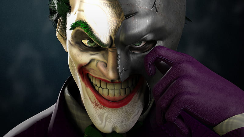 Joker Wearing Half Batman Mask, joker, superheroes, supervillain, artwork, HD wallpaper