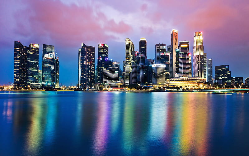 Singapore, skyscrapers, evening, sunset, cityscape, skyline, modern buildings, business centers, Asia, HD wallpaper