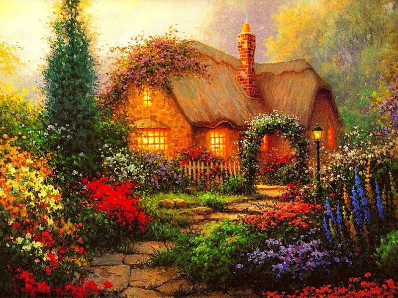 Enchanted cottage, pretty, colorful, house, cottage, lantern, home, cabin, fairytale, bonito, magic, bushes, lights, countryside, nice, painting, path, village, flowers, enchanted, light, lovely, paradise, summer, garden, HD wallpaper