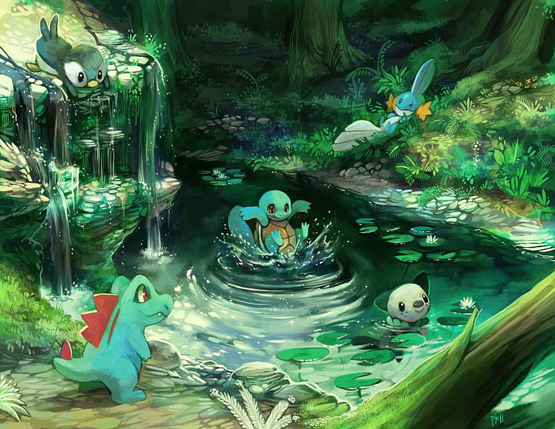 the water starters, totodile, pokemon, water, piplup, HD wallpaper