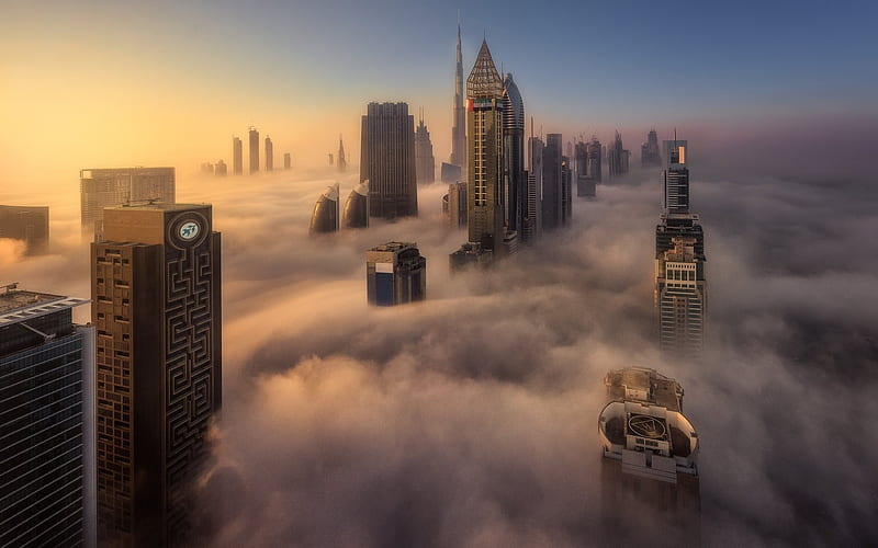 Dubai, skyscrapers, fog, sunrise, UAE, HD wallpaper