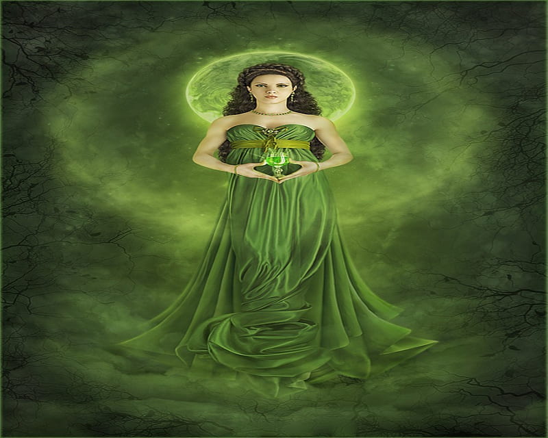 FAIRY OF THE MOON, female, moon, green, fairy, HD wallpaper
