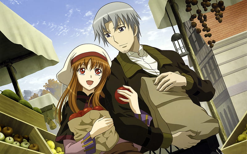 Spice and Wolf, wolfgirl, horo, lawrence kraft, wolf girl, apples, holo, wolf, HD wallpaper