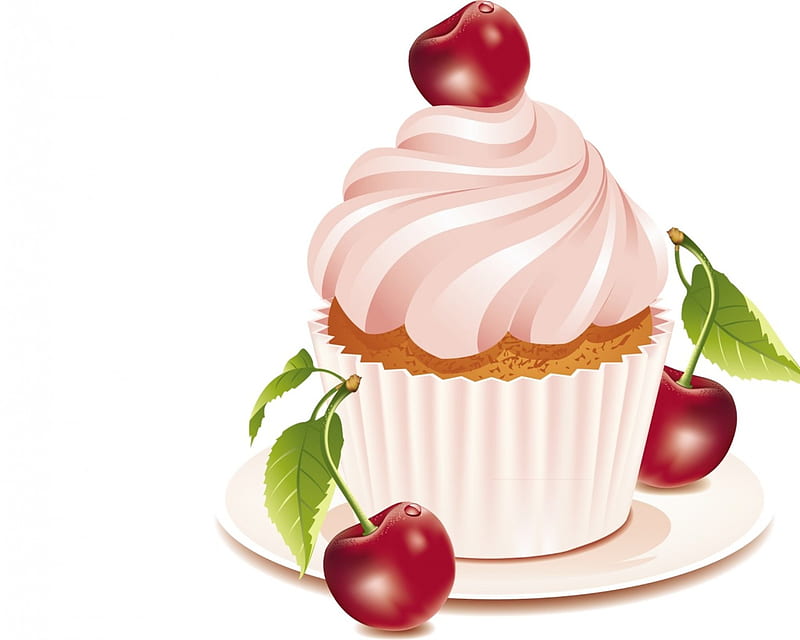 Cupcake, red, food, sweet, dessert, card, leaf, fruit, green, child, white, pink, cream, cherry, vector, HD wallpaper