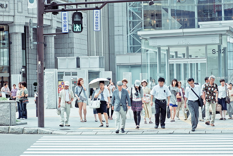 people crossing pedestrian lane near building at daytime, HD wallpaper
