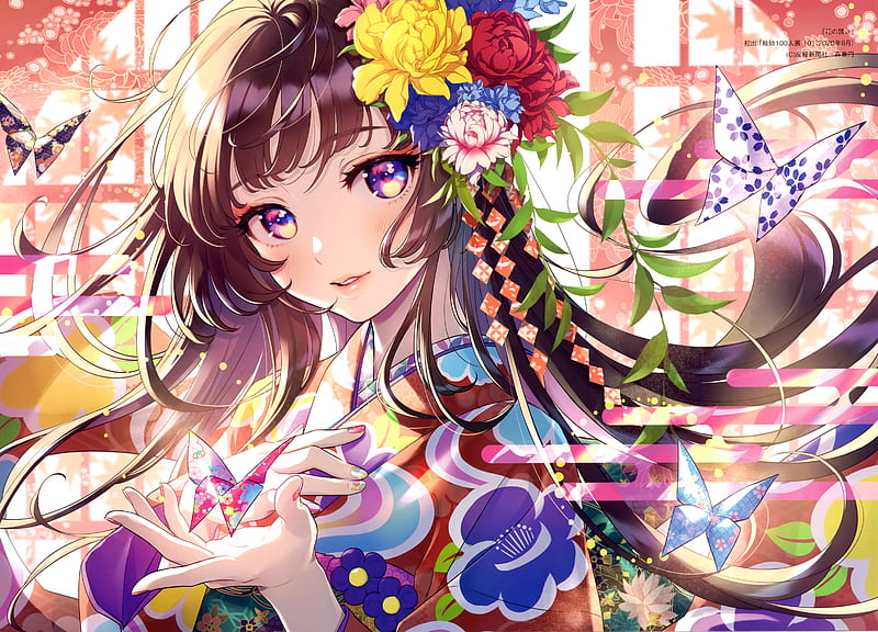 Anime, Girl, Brown Hair, Butterfly, Flower, Japanese Clothes, Kimono, Long Hair, Purple Eyes, HD wallpaper