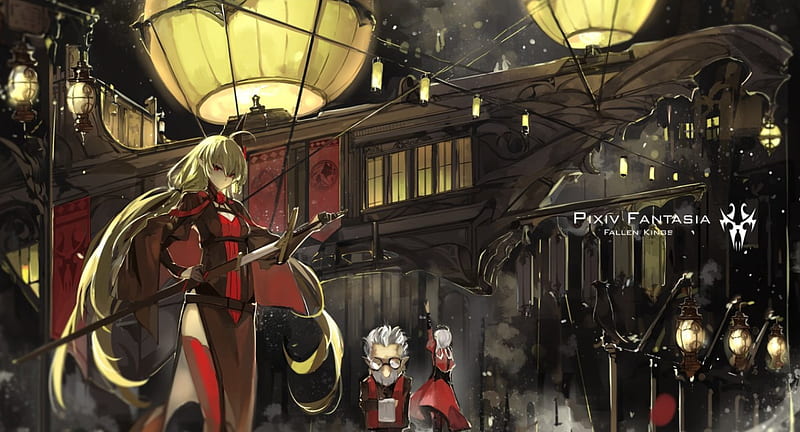 It's time your highness!, pretty, house, white hair, game, magic, lights, nice, fantasy, anime, beauty, anime girl, vampire, weapon, long hair, sword, sky, eautiful, demon, cool, saberiii, awesome, red eyes, birs, dress, lantern, glasses, bonito, animal, pixiv fantasia, night, female, male, blonde hair, twintails, bird, HD wallpaper