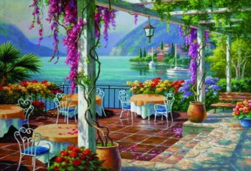 Wisteria Terrace, romantic, ocean, flowers, nature, Wisteria, Terrace, HD wallpaper