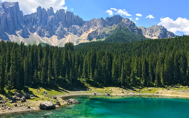 Karersee, Italy Alps, mountain lake, summer, mountains, HD wallpaper