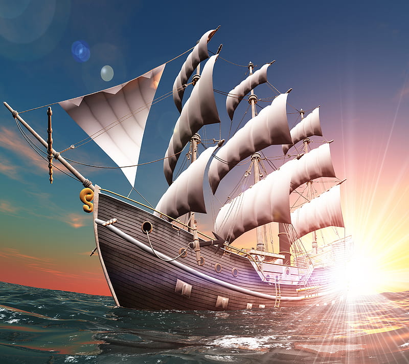 Fantasy Boat, ocean, sea, ship, sunset, water, HD wallpaper