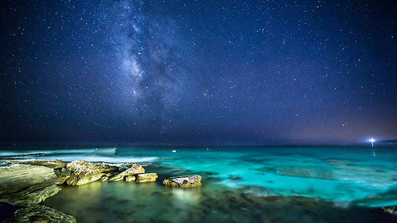 Green Water And Rock Under Blue Sky And Stars Space, HD wallpaper