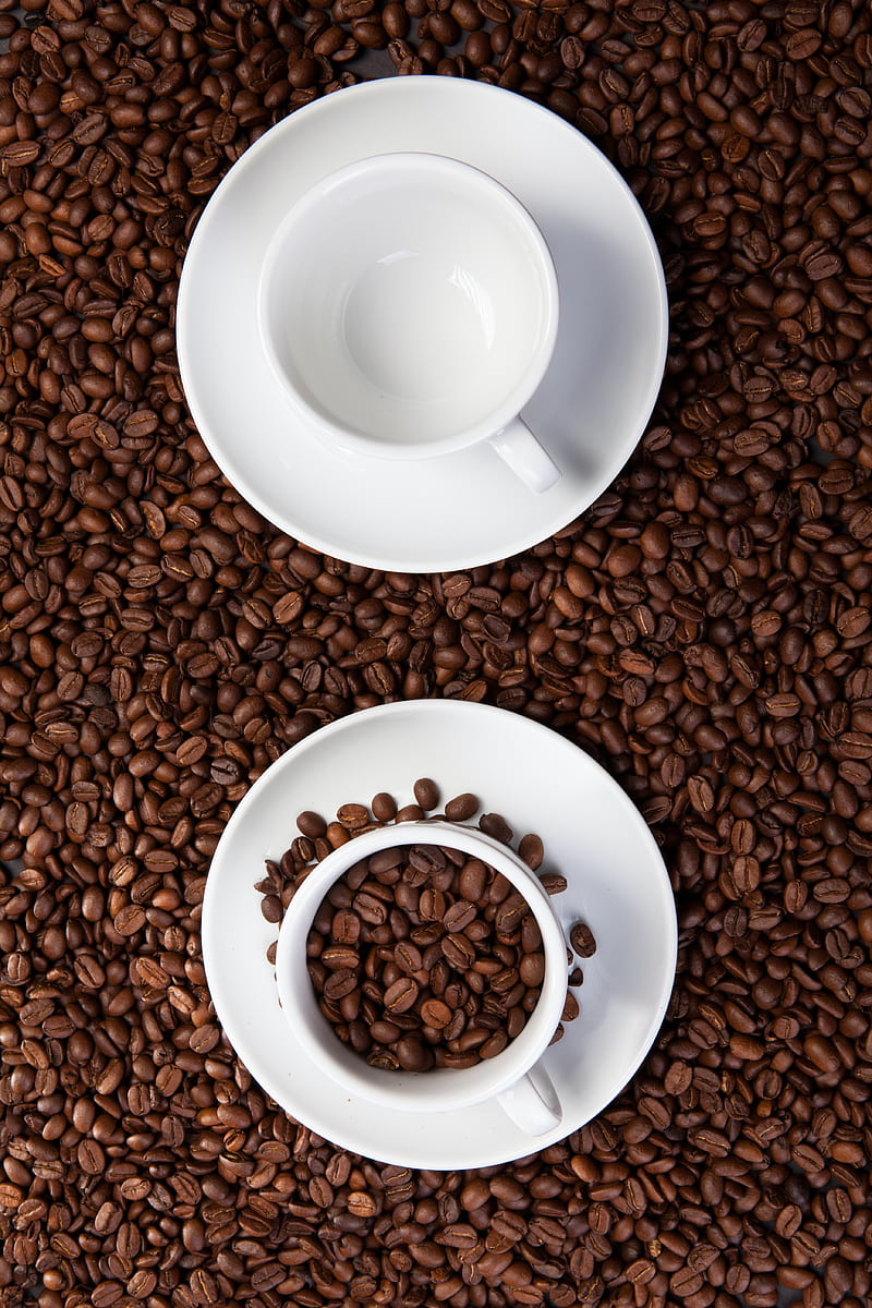 cups, coffee beans, coffee, brown, white, HD phone wallpaper