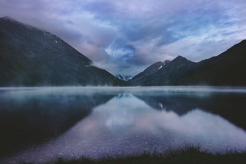 altai mountains, lake, scenic, reflection, clouds, dark, gloomy, fog, Landscape, HD wallpaper