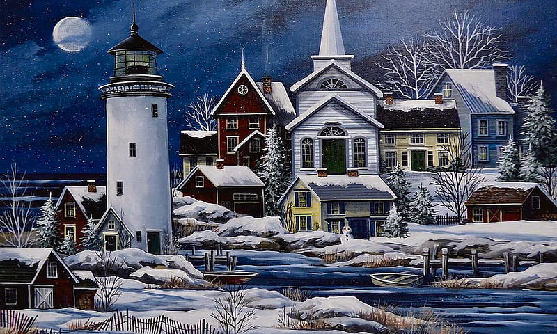 Winter Village and Lighthouse, coastal, Quaint, Village, church, lighthouse, sea, Winter, buildings, homes, Snow, HD wallpaper