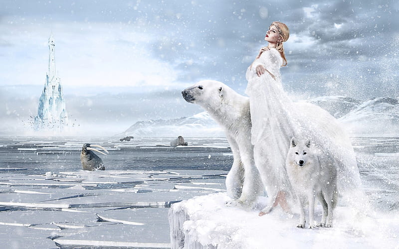 The Snow Queen, Water, Polar Bear, Castle, White Wolf, Seal, Fantasy, HD wallpaper