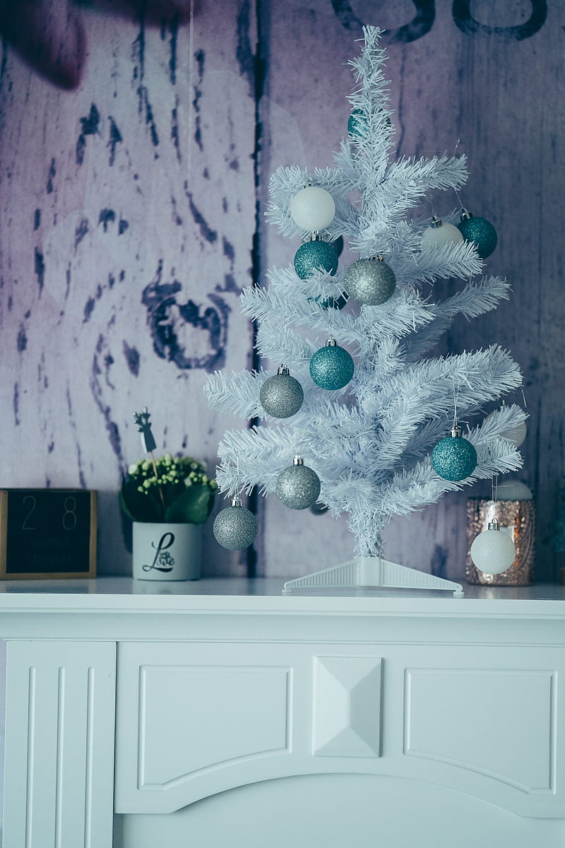 white and blue christmas tree on white wooden cabinet, HD phone wallpaper