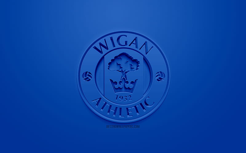 Wigan Athletic FC, creative 3D logo, blue background, 3d emblem, English football club, EFL Championship, Wigan, England, United Kingdom, English Football League Championship, 3d art, football, 3d logo, HD wallpaper