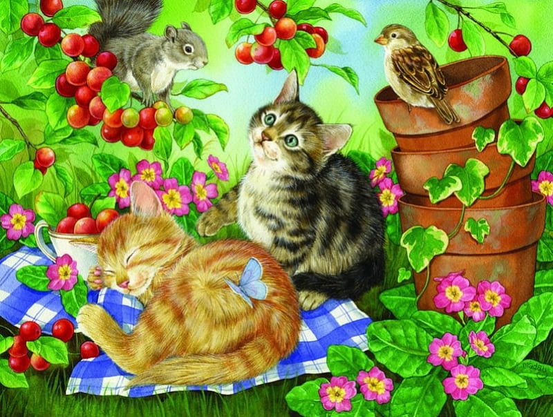 Under the Cherry Tree, birs, painting, flowers, cats, artwork, HD wallpaper