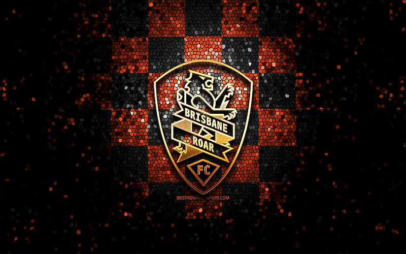 Brisbane Roar FC, glitter logo, A-League, orange black checkered background, soccer, australian football club, Brisbane Roar logo, Australia, mosaic art, football, Brisbane Roar, HD wallpaper