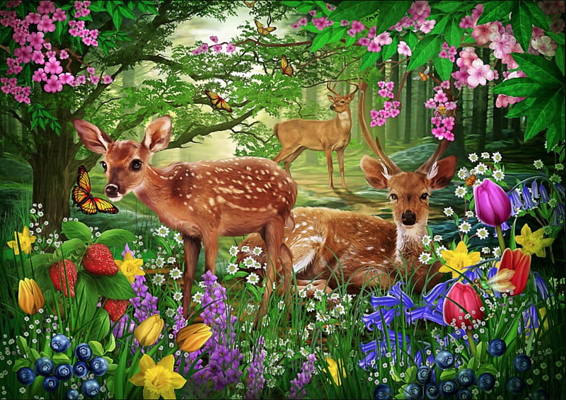 Deers, cute, forest, brown, caprioara, green, flower, animal, deer, HD wallpaper