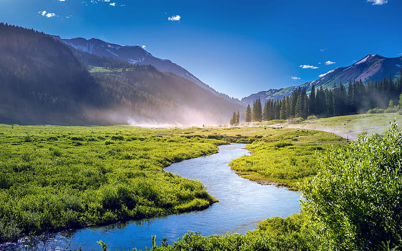 America Colorado, valley, summer, hills, river, USA, HD wallpaper