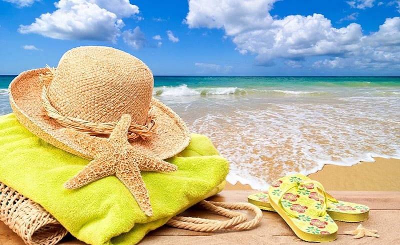 Summer Time, sun, holiday, towels, starfish, sea, hat, beach, flip flops, HD wallpaper