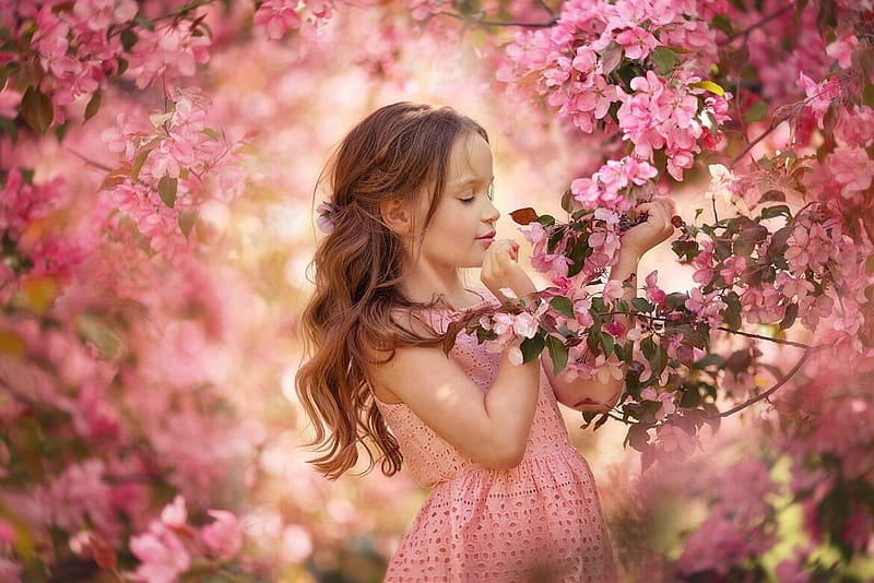 Little beauty, girl, blossom, flower, anastasia grosheva, copil, child, spring, HD wallpaper