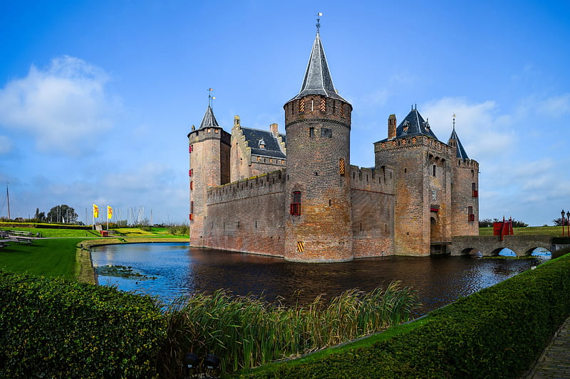 Muiden Castle, Netherlands, netherlands, medieval, castle, moat, HD wallpaper