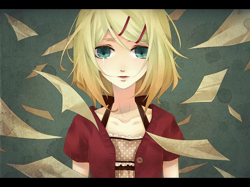 Scattered Thoughts, vocaloid, crying, anime, tears, blonde, scattered, rin kagamine, papers, HD wallpaper