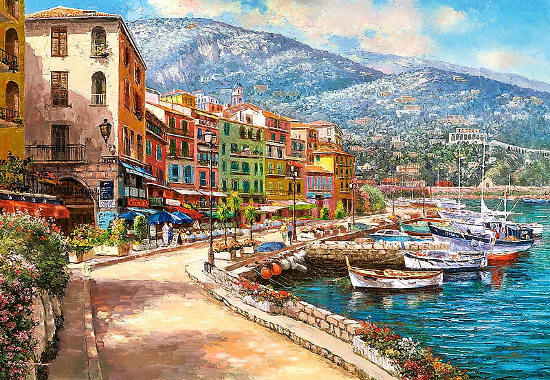 The French Riviera, pier, houses, mediterranean, hills, boats, painting, artwork, HD wallpaper