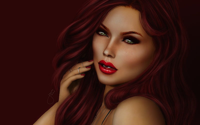 Beauty Red Fantasy Luminos Girl Redhead Rendering Face Lips Hd