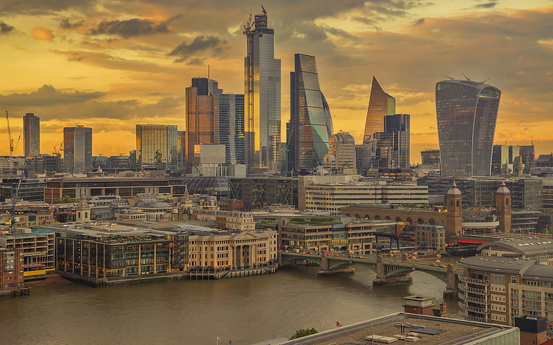 London, evening, skyscrapers, modern buildings, London cityscape, England, UK, HD wallpaper