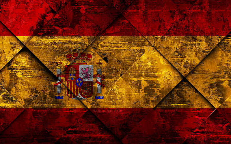 Flag of Spain, grunge art, rhombus grunge texture, Spanish flag, Europe, national symbols, Spain, creative art, HD wallpaper