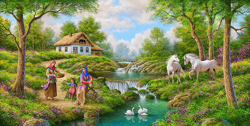 Rural paradise, stream, pretty, house, cottage, bonito, women, village, river, greener, rural, art, lovely, spring, creek, swans, horses, paradise, peaceful, summer, HD wallpaper