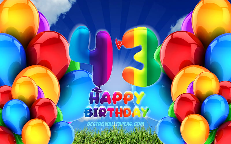 Happy 43 Years Birtay, cloudy sky background, Birtay Party, colorful ballons, Happy 43rd birtay, artwork, 43rd Birtay, Birtay concept, 43rd Birtay Party, HD wallpaper